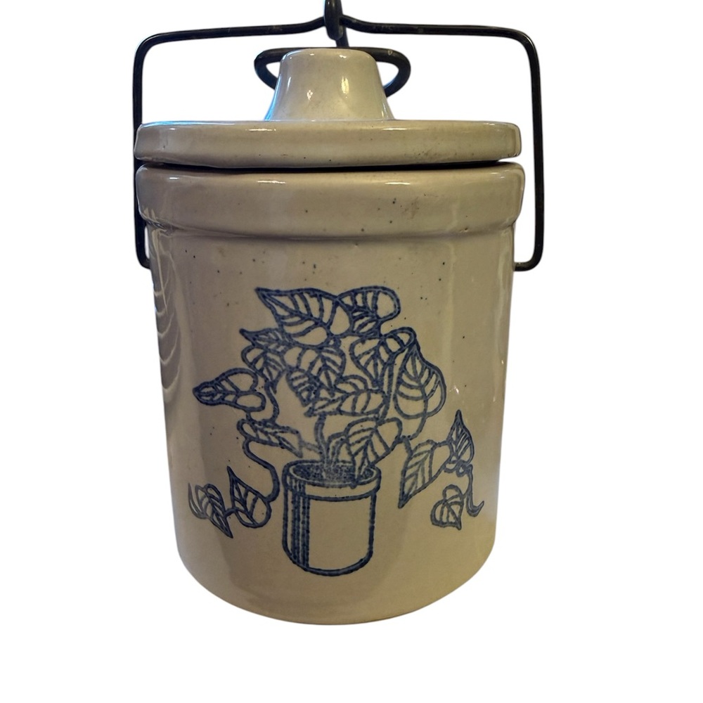 Vintage stoneware crock with Blue Plant Design